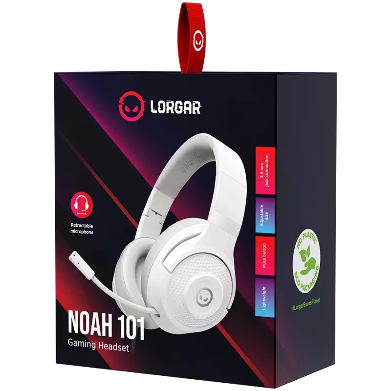 LORGAR Noah 101, žaidimų ausinės su mikrofonu, 3,5 mm lizdas, 2 m laidas, sulankstomos, PU odos pagalvėlės, balta