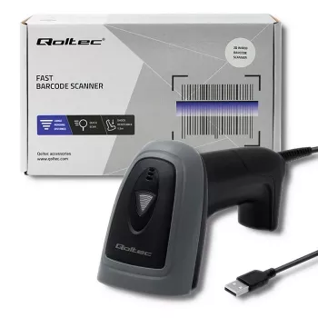 Rankinis brūkšninių kodų skaitytuvas QOLTEC 50863 – 1D/2D skaitytuvas, USB laidinis, LED jutiklis, juodas, 5V, 1,8 m laidas