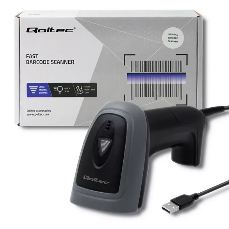 Rankinis brūkšninių kodų skaitytuvas QOLTEC 50863 – 1D/2D skaitytuvas, USB laidinis, LED jutiklis, juodas, 5V, 1,8 m laidas