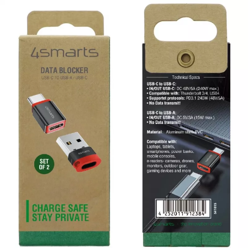 Sąsajų adapteris 4smarts 541615 — USB Type-A (šeimininkas) į USB Type-C (išvestis), juodas, tiesus kištukas–lizdas, 2 vnt. pakuotė