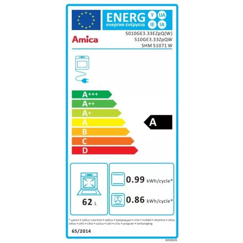 Laisvai pastatoma viryklė Amica SHM51071W balta dujinė elektrinė 4 dujinės zonos 63 L