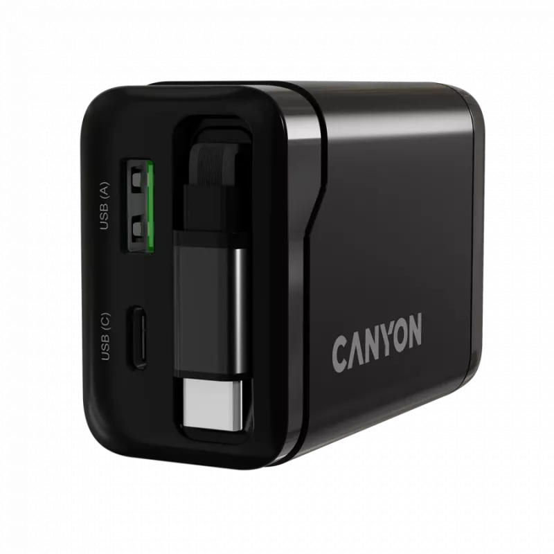 Įkroviklis CANYON OnCharge 65RC su integruotu USB-C laidu, 65W, 1x PD, 1x QC, EU kištukas, Juodas