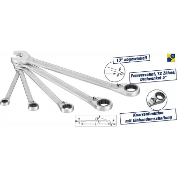 Veržliarakčių rinkinys HAZET 606/5 - 8,10,13,17,19 mm - Chromuotas - Blizgus - 13° - Vokietija