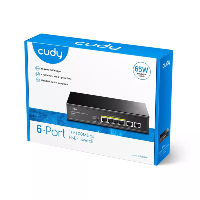 Tinklo jungiklis Cudy FS1006P Fast Ethernet 6 prievadų (4 PoE, 1 PoE+) 10/100 Mbps, 1,2 Gbit/s pralaidumas, metalinis korpusas, montavimas stove/sienoje/ant stalo
