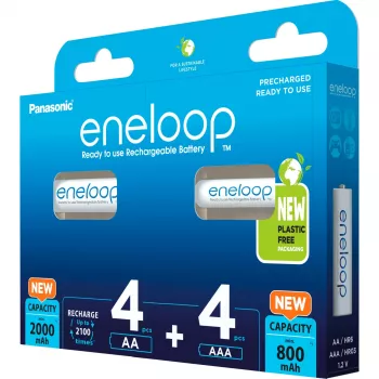 Įkraunamos baterijos Panasonic Eneloop AA 2000 mAh (4 vnt.) ir AAA 800 mAh (4 vnt.), Ni‑MH, 1,2 V, 8 vnt.