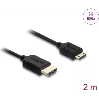 HDMI kabelis DELOCK 81685 — 2 m, HDMI A (vyriškas) į HDMI C (Mini, vyriškas), 48 Gbit/s, iki 7680×4320, auksuoti kontaktai, juodas