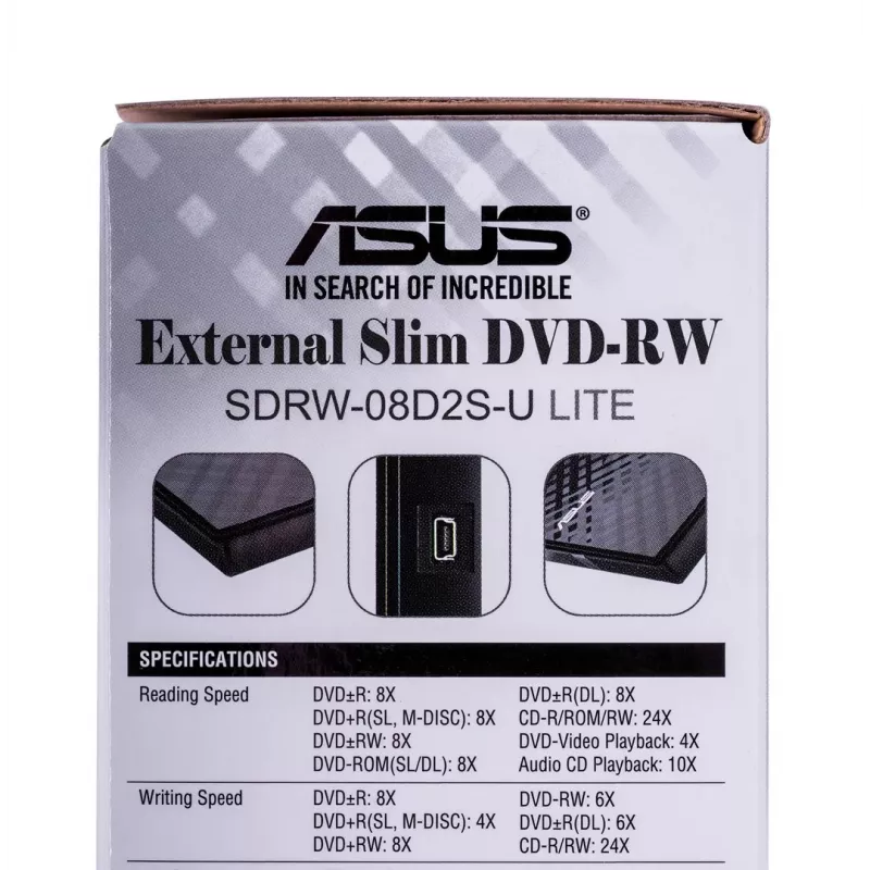 Išorinis DVD±RW optinis įrenginys ASUS SDRW-08D2S-U Lite, USB 2.0, juodas, 24x CD / 8x DVD, 142×142×20 mm