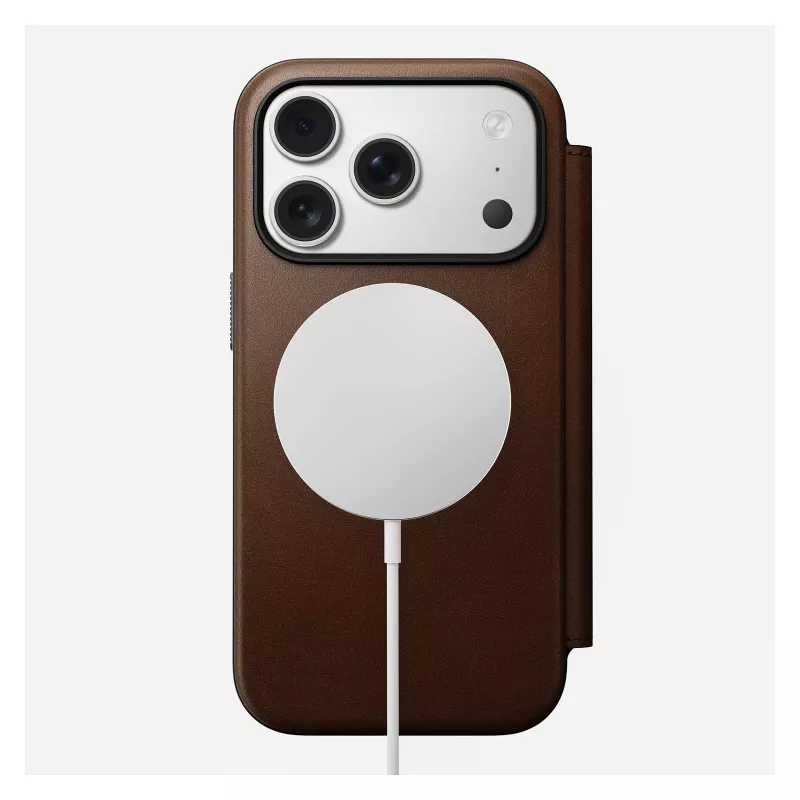 Odinė dėklo-knygelė Nomad Modern Leather Folio, skirta iPhone 17 Pro, ruda, 6,3 colio (16 cm), 4 kortelių kišenės