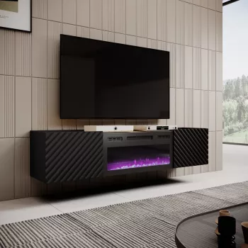TV spintelė su elektriniu židiniu Cama Meble ONDA 1805×400×580 mm, juoda, medžio drožlių plokštės viršus (ant grindų arba ant sienos)