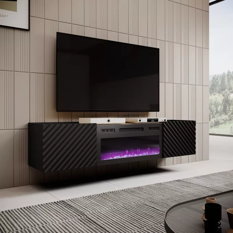 TV spintelė su elektriniu židiniu Cama Meble ONDA 1805×400×580 mm, juoda, medžio drožlių plokštės viršus (ant grindų arba ant sienos)