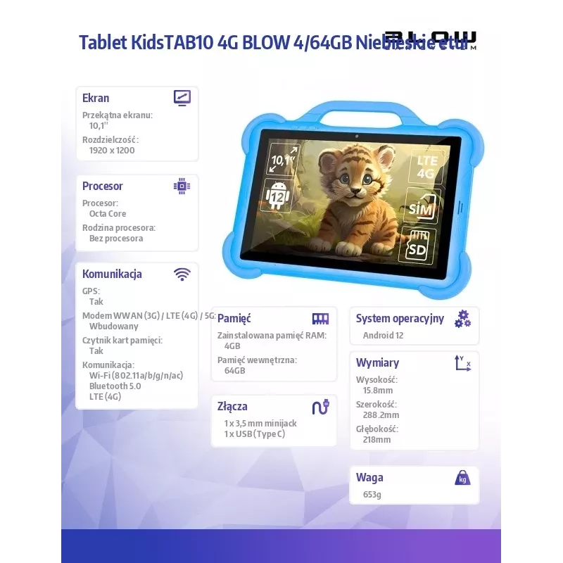 Planšetinis kompiuteris BLOW KidsTAB10 10.1 colių IPS 1200x1920, Android 12, 4GB RAM, 64GB eMCP, 4G (MicroSIM), 6000 mAh, Astral Blue