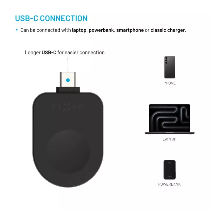 Fiksuotas USB-C įkrovimo adapteris FIXED FIXDW-AWAP-BK, skirtas Apple Watch Powerstation Uni, kompaktiškas pakaitalas