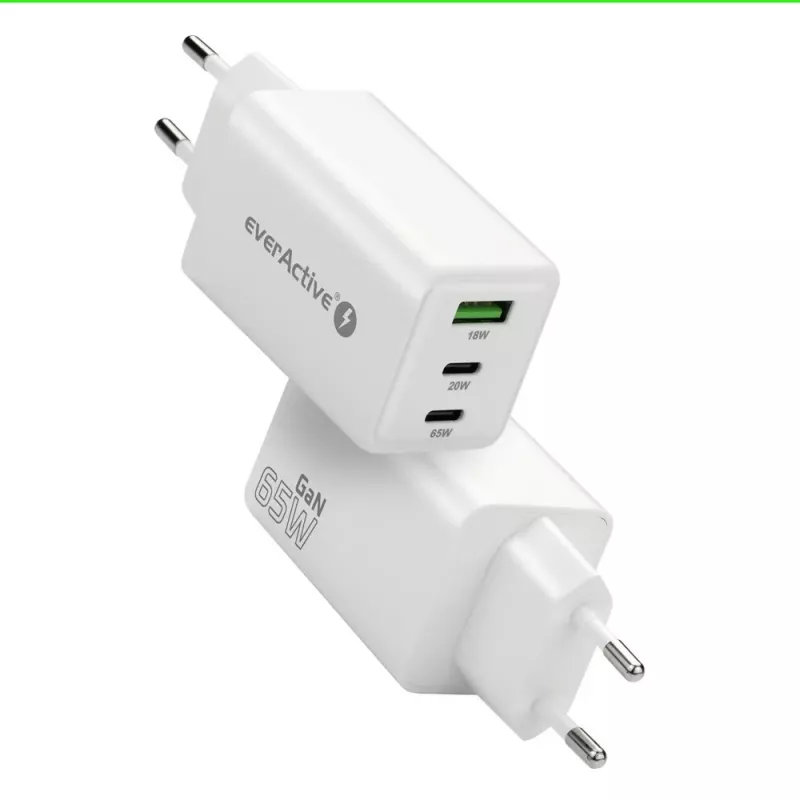 Maitinimo blokas everActive SQ-655Q 65W, 1×USB-A + 2×USB-C greitas įkrovimas