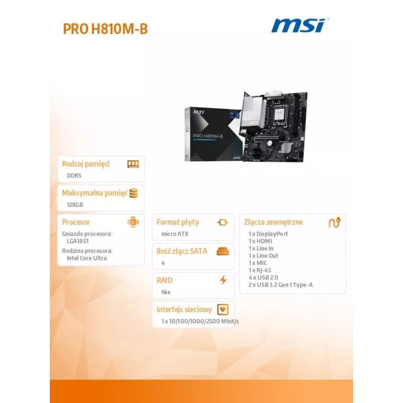 MSI PRO H810M-B pagrindinė plokštė Intel H810 LGA 1851 (Socket V1) micro ATX