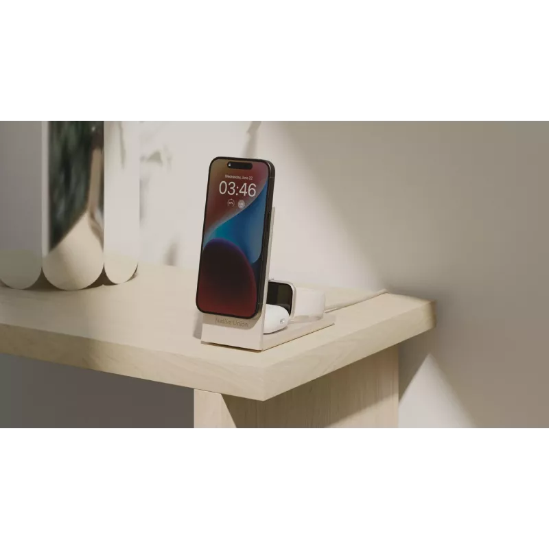 Belaidis įkroviklis Native Union Rise 3 viename Qi2 — USB, 2 m laidas, šviesiai pilka (smiltainio)