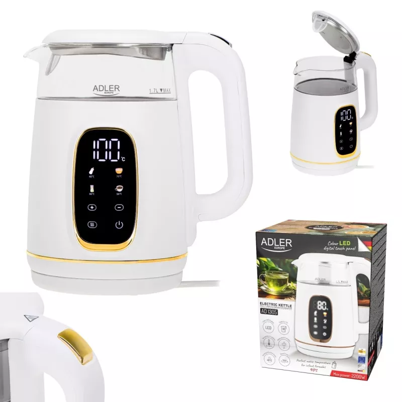 Elektrinis virdulys Adler AD 1305WG – 1.7 L, 2200 W, stiklas/plastikas, baltas/auksinis/permatomas