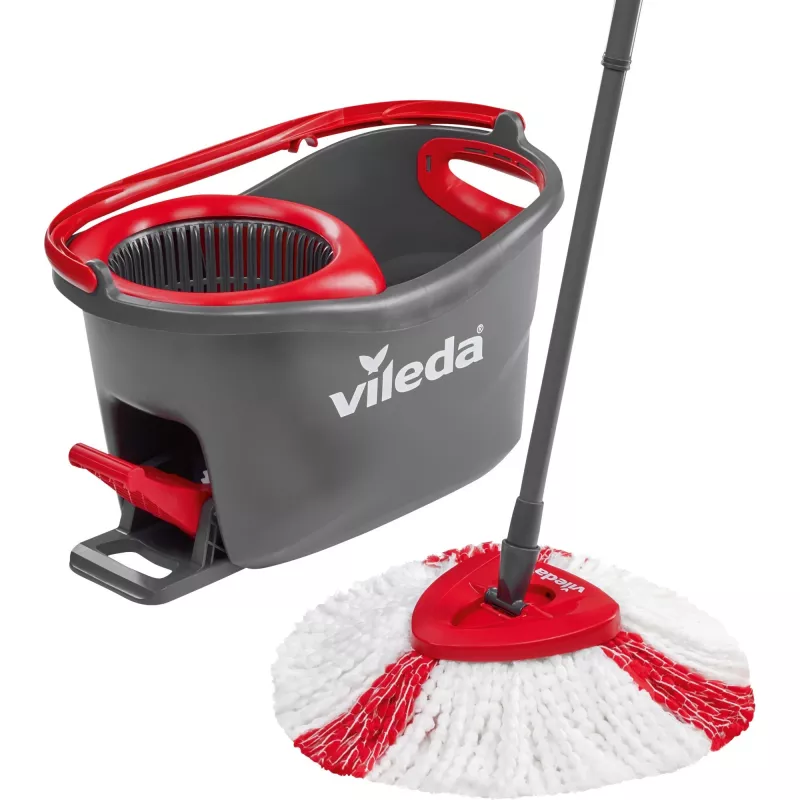 Šluota VILEDA EasyWring & Clean Turbo, raudonas technopolimero kibiras, nuimama skalbiama mikropluošto galvutė, kietoms grindims