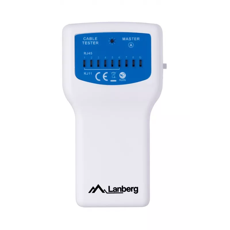 PoE tester LANBERG NT-0402 – tinklo kabelių testeris su RJ-45/RJ-11 palaikymu, LED indikatoriais, maitinimo indikatoriumi, įjungimo/išjungimo mygtuku