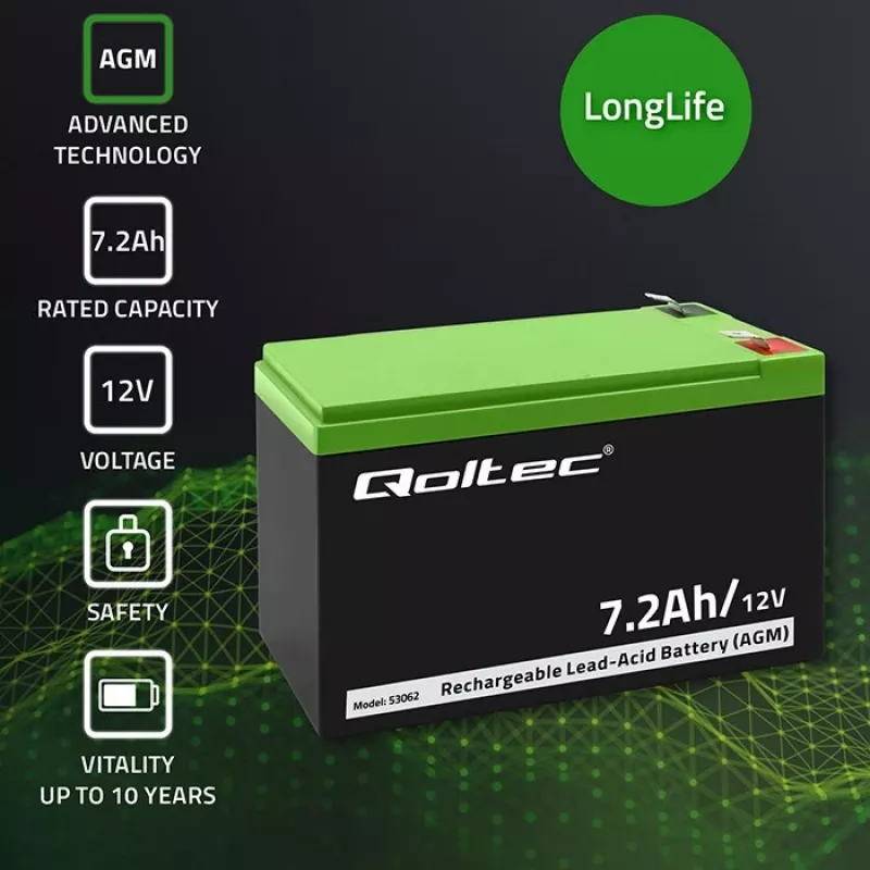 Qoltec 53062 AGM akumuliatorius | 12V | 7,2 Ah | max 108A