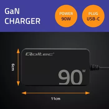 Qoltec 90W GaN Super Fast SLIM Wall Charger | XP | 5-20V | 4.5A | USB-C 3.1 | Nešiojamam kompiuteriui | MacBook | Išmaniajam telefonui | + laidas