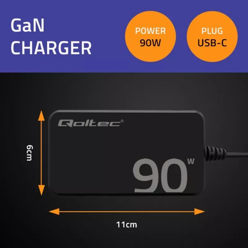 Qoltec 90W GaN Super Fast SLIM Wall Charger | XP | 5-20V | 4.5A | USB-C 3.1 | Nešiojamam kompiuteriui | MacBook | Išmaniajam telefonui | + laidas