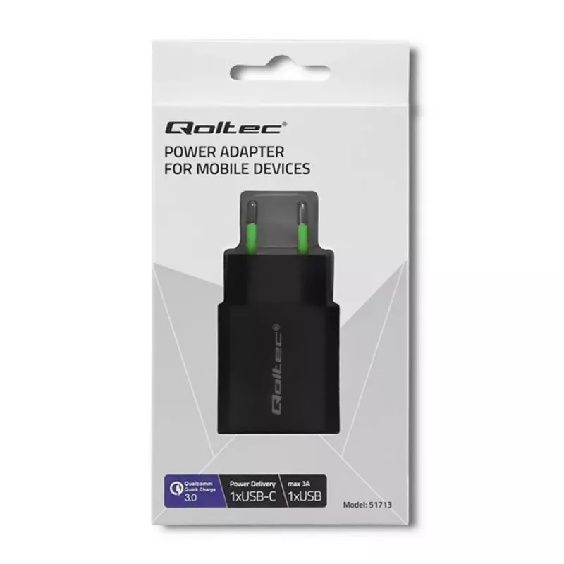 Maitinimo adapteris Qoltec 51713, 18 W, USB Type-C, juodas