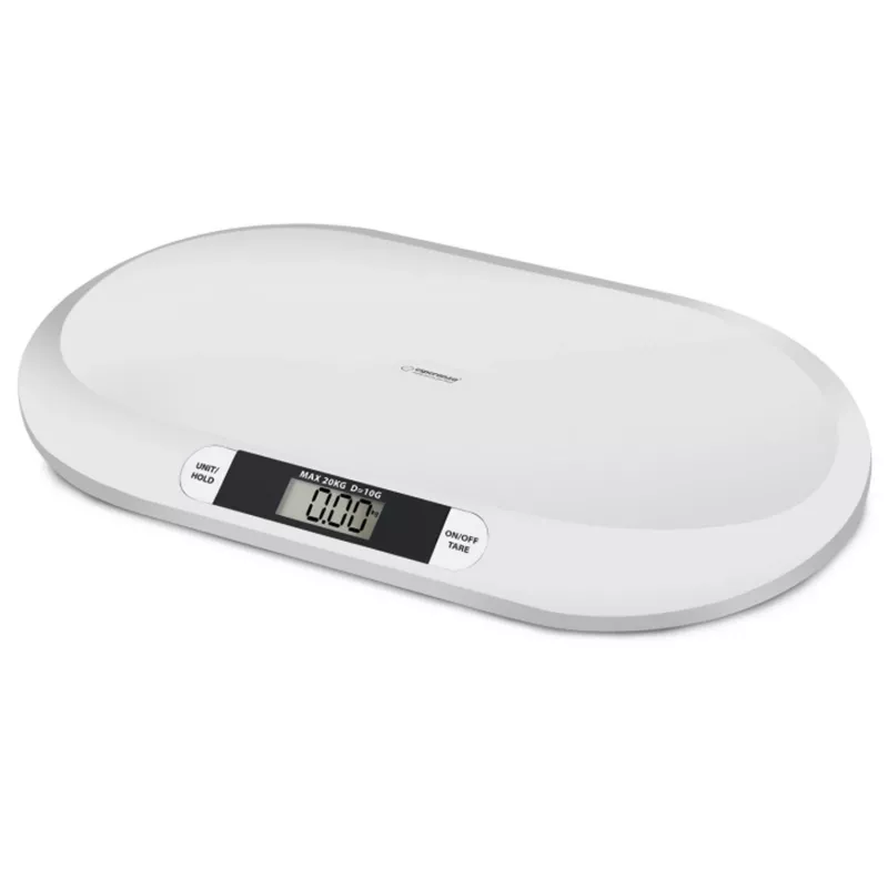 Elektrinės kūdikių svarstyklės ESPERANZA EBS019 – talpa 0,03–20 kg, padala 0,01 kg, didelis LCD ekranas 60×25 mm, balta