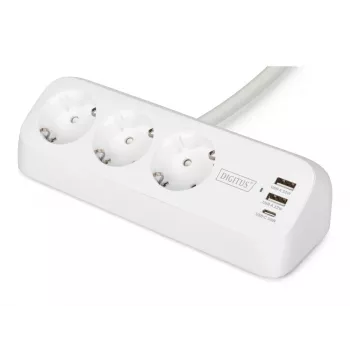 DIGITUS 3-jungčių elektros lizdų blokas su 2×USB-A ir 1×USB-C, 3 AC lizdai E/F tipas, 1,5 m laidas, baltas