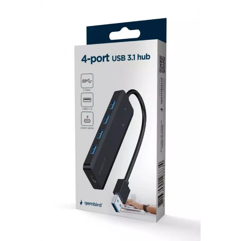 USB šakotuvas Gembird 4 prievadų USB 3.1 (Gen 1) — 4 prievadai, USB 3.2 Gen 1 Type-A, 5V/2.1A, 109×30×10 mm, juodas