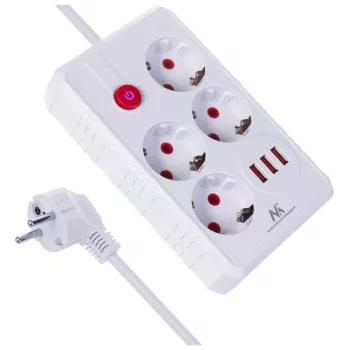 Maitinimo blokas MACLEAN MCE392 W — 4 F lizdai, 3×USB A, 110–240V, 2,1A, 2500W, 1,5 m laidas, baltas