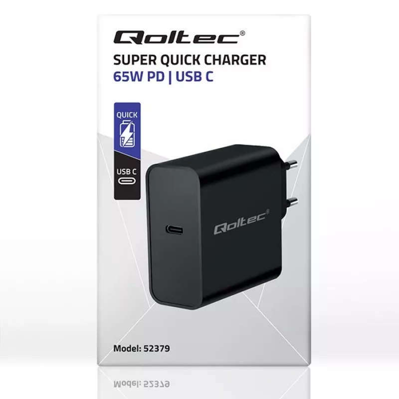 Įkroviklis QOLTEC Super Quick PD 65W USB-C Power Delivery 5–20V, 1x USB-C, USB PD 3.0, C tipo kištukas, 65 W