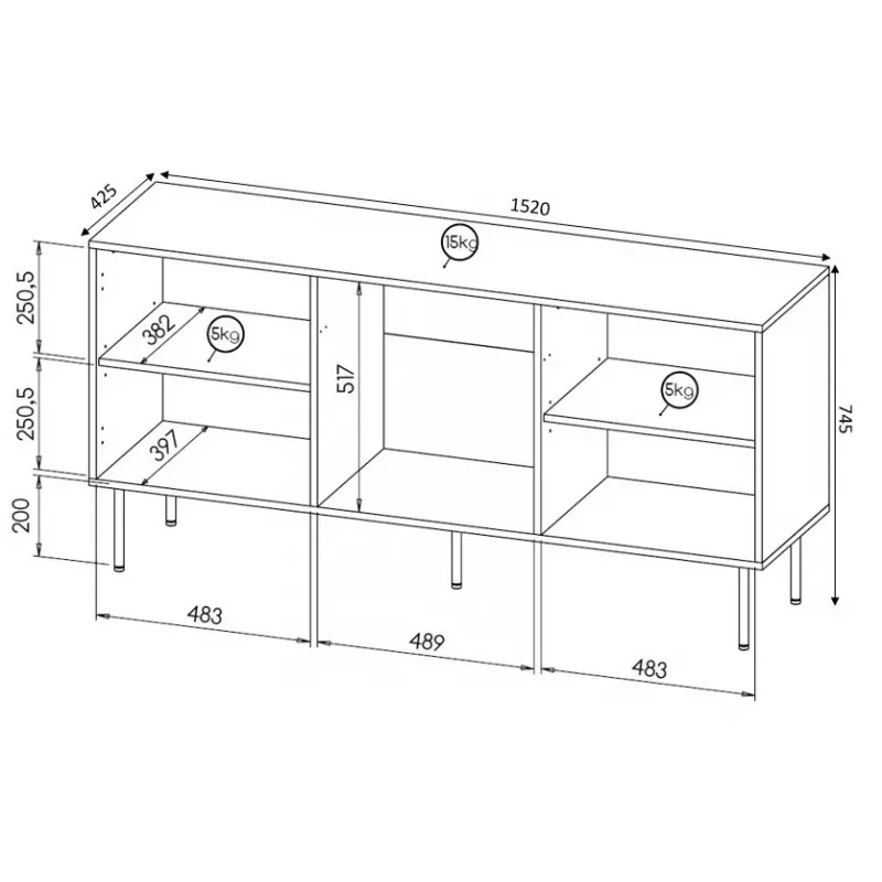 Spintelė komoda Cama Meble HOLE 152x42.5x74.5 cm matinė juoda, medžio drožlių plokštė, 16 mm karkasas