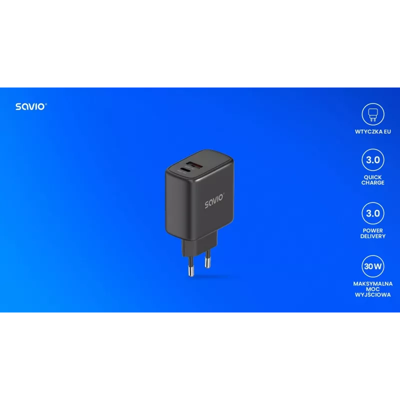 Laikiklis SAVIO LA-06/B USB Type-C 30W Power Delivery 1x USB-C Juodas, 5–20V, 3A/9V, 3A/5V, 3A/12V, 2.1A