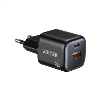 Sieninis įkroviklis Unitek P1128ABK01-EU — 2 prievadai GaN USB-C ir USB-A, bendra galia 20W, juodas