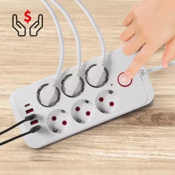 Ilgintuvas MACLEAN MCE391 W — 6 kištukinių lizdų, 4×USB-A + 1×USB-C, 3 m laidas, 110–240V, 2500W, baltas