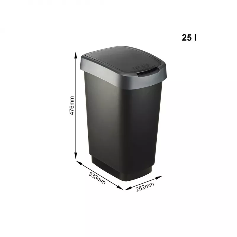 Rotho Twist 25 L stačiakampis polipropileninis šiukšlių konteineris — 25 L, 476×333×252 mm, juodas