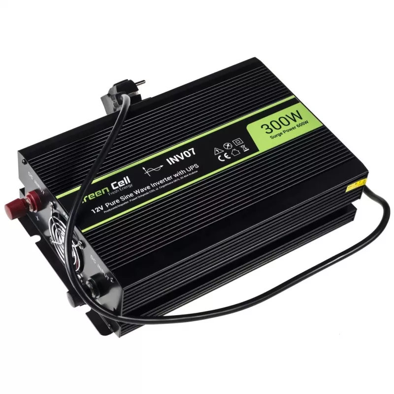 Inverteris Green Cell INV07, 12 V DC į 230 V AC, 300 W, gryna sinusinė banga, C tipo kištukas, juodas