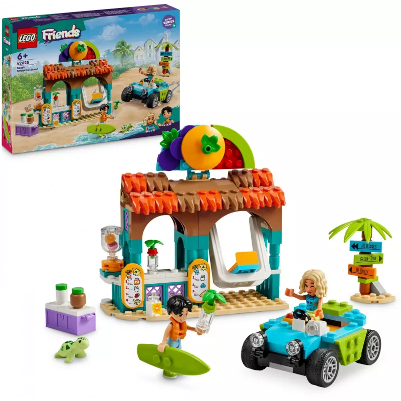 LEGO Friends paplūdimio kokteilių stendas – vaikiškas vaidmenų žaidimų rinkinys su 2 mini lėlytėmis, vėžlio figūrėle ir aksesuarais, nuo 6 metų