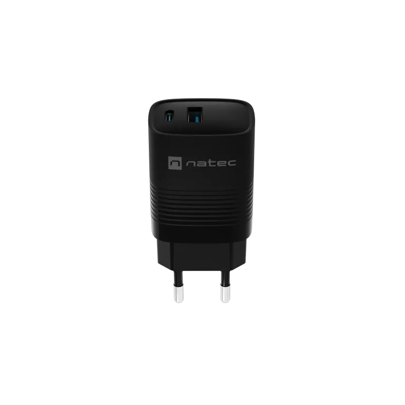 NATEC Ribera GaN NUC-2141 sieninis įkroviklis, 30W, USB-C PD 3.0 + USB-A QC 3.0, 110–240V, juodas