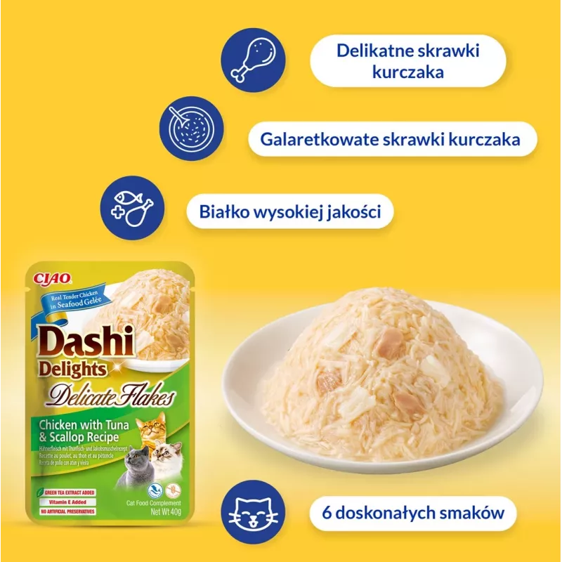 INABA Dashi Delights gardėsis katėms – subtilūs vištienos dribsniai, 40 g