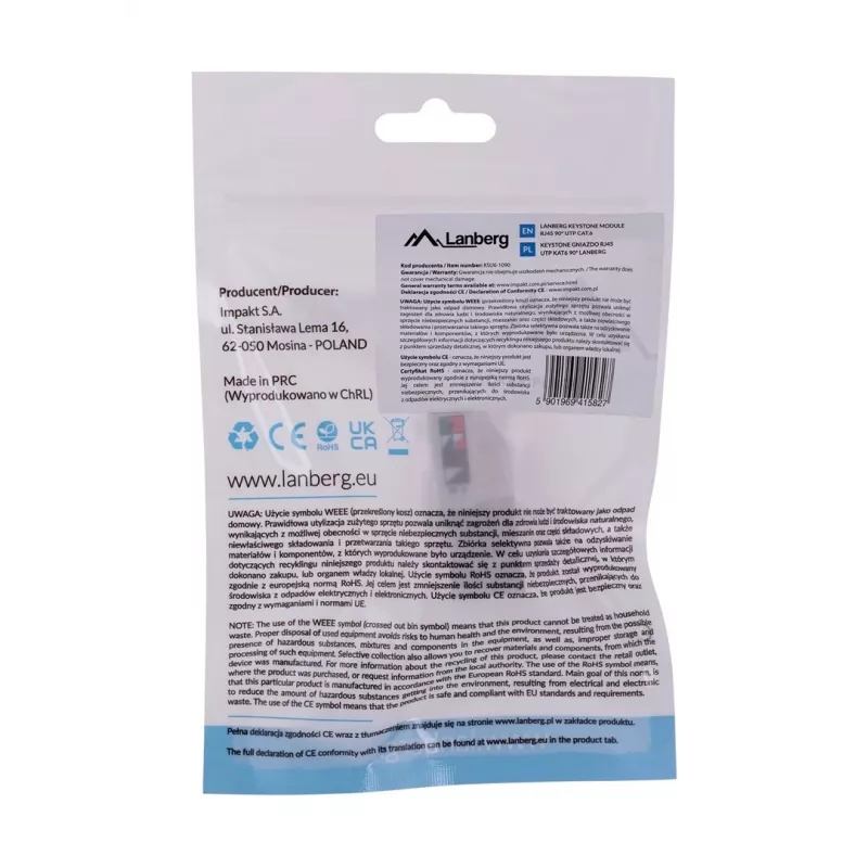 Keystone modulis LANBERG KSU6-1090, Cat6 U/UTP plokščias, RJ-45 kištukas į LSA lizdą, AWG 22/26, 14,5×16,1 mm, baltas