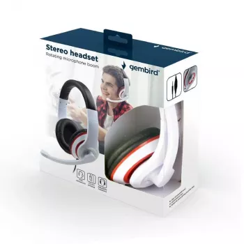 Ausinės Gembird MHS-03-WTRDBK stereo, ant ausų, 3,5 mm, balta/juoda su raudonu žiedu