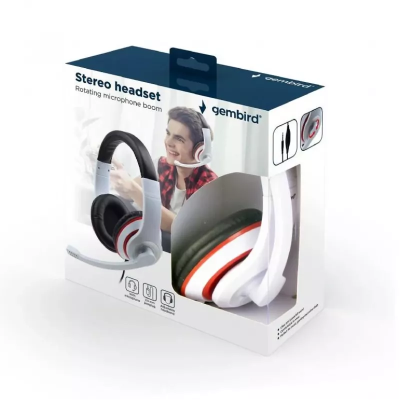 Ausinės Gembird MHS-03-WTRDBK stereo, ant ausų, 3,5 mm, balta/juoda su raudonu žiedu
