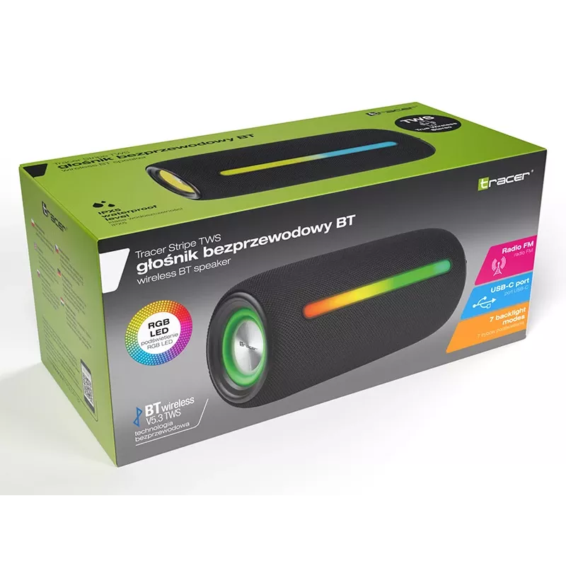 Nešiojamas stereo garsiakalbis TRACER Stripe Black – 10 W RMS, Bluetooth / laidinis, USB-A ir USB-C, MicroSD, įmontuota baterija (iki 5 h)