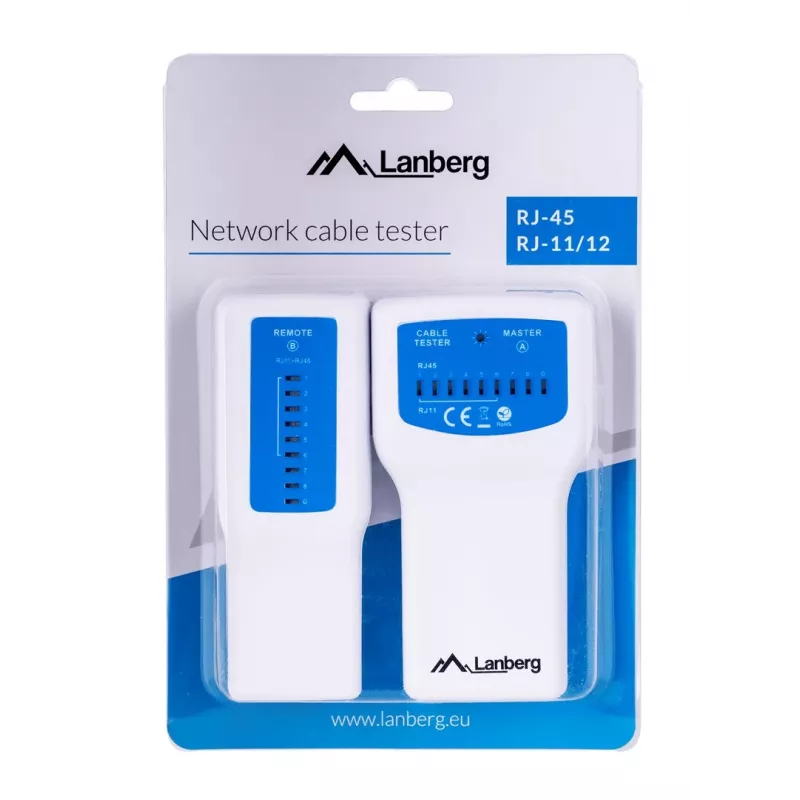PoE tester LANBERG NT-0402 – tinklo kabelių testeris su RJ-45/RJ-11 palaikymu, LED indikatoriais, maitinimo indikatoriumi, įjungimo/išjungimo mygtuku