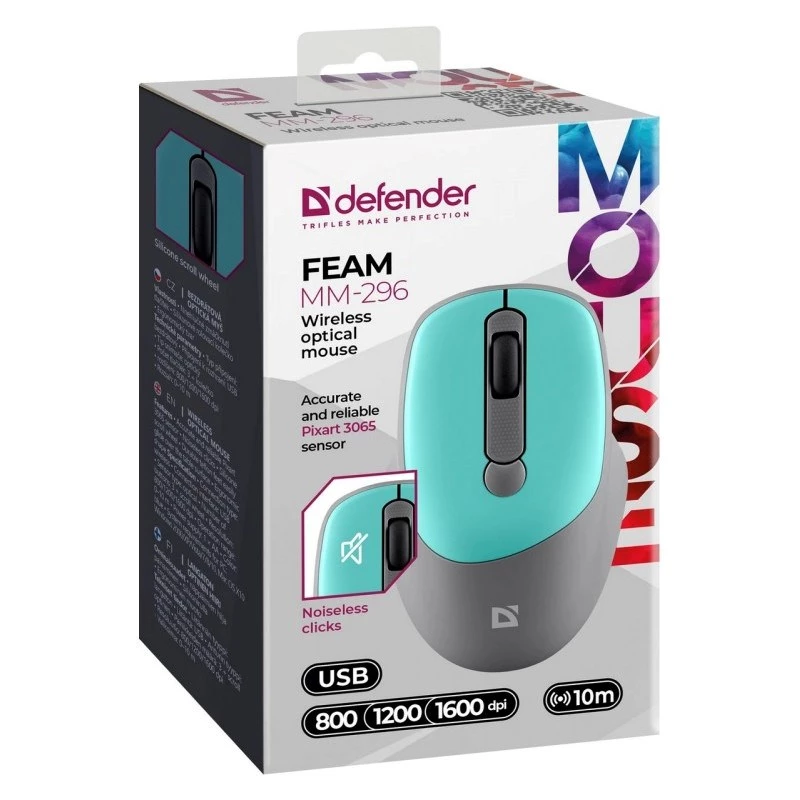 Defender Feam MM-296 52294 belaidė optinė pelė, tylus spragtelėjimas, 1600 DPI, USB, mėtinės spalvos