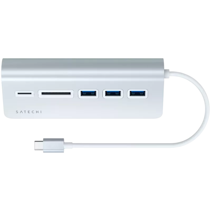 Satechie Type-C aliuminio USB centras ir kortelių skaitytuvas, sidabrinis, ST-TCHCRS
