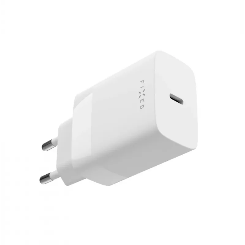 USB-C kelioninis įkroviklis FIXED FIXC30N-C-WH — 30W kompaktiškas USB-C maitinimo adapteris su vienu greito įkrovimo prievadu