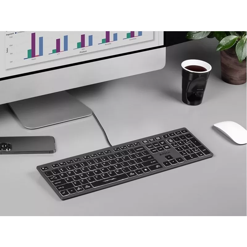 Laidinė klaviatūra A4Tech FX60H USB QWERTY – pilno dydžio 100%, balta foninė šviesa, pilka, USB šakotuvas