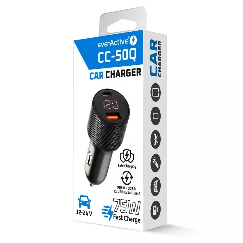 Automobilinis įkroviklis everActive CC-50Q QC3.0 75W su Quick Charge 3.0 palaikymu ir USB prievadais